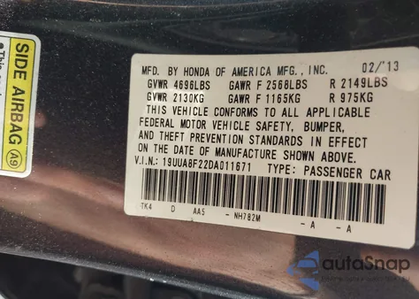 2013 Acura Tl z USA, uszkodzony, nr VIN 19UUA8F22DA011671